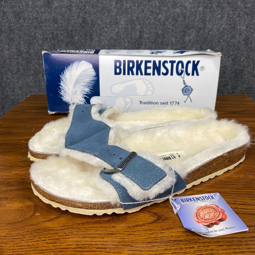 Birkenstock Madrid Fell Steel Blue Suede Shearling Lined Sandals EU 41 W 10 M 8